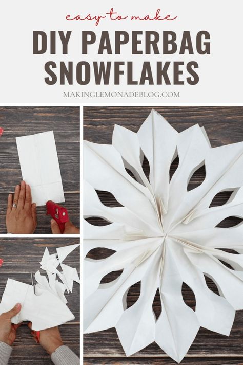 This easy Christmas craft is a real showstopper. Make gorgeous snowflakes out of paper bags and create a winter wonderland in your home! (once you start, it's hard to stop-- they're pretty AND fun to make!) Paper Bag Snowflakes, Diy Snowflake Decorations, Bag Snowflakes, Make Snowflakes, Christmas Clothespin, Snowflakes Diy, Diy Christmas Snowflakes, Paper Snowflakes Diy, Diy Paper Bag