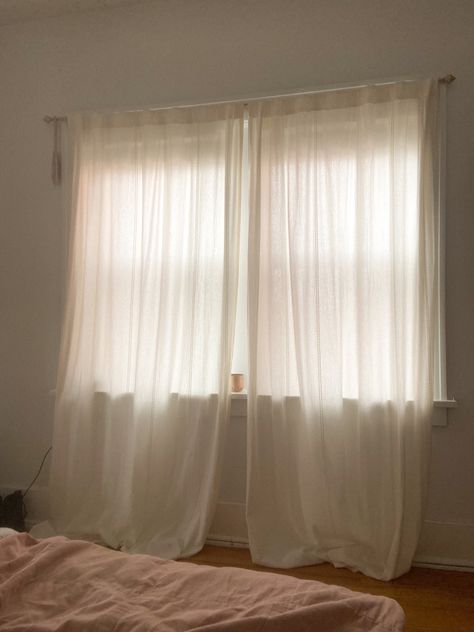 Curtains Bedroom Beige, White Curtains Living Room Aesthetic, Soft Interior Aesthetic, Natural Light Aesthetic Room, Soft Curtains Bedroom, Curtain Inspo For Bedroom, Room With Curtains Aesthetic, Beige Wall Room Aesthetic, Light Bedroom Curtains