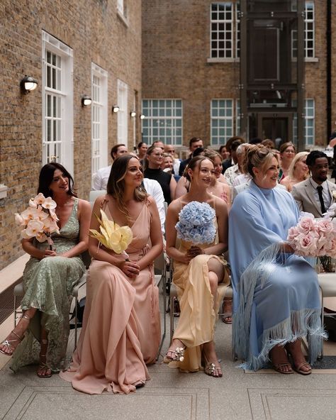 Dreamy pastel bridesmaids at Faye & Kieran's ceremony 😍 📍North Atrium, Hackney Town Hall 📸… | Instagram Pastel, Hackney Town Hall, Pastel Bridesmaids, Floral Bouquets Wedding, Parisian Wedding, March Wedding, City Hall Wedding, Guest Attire, Wedding Attire Guest