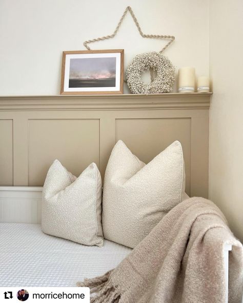 Panelling With Hooks, Cosy Bedroom Panelling, Office Panelling Ideas, Panelling Shelf, Paneling With Shelf, Half Wall Panelling With Shelf, Half Panneling Rooms Bedroom, Small Room Panelling, Wall Panelling With Shelf