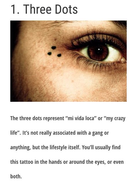 Dot Tattoos Meaning, Mi Vida Loca Tattoo Dots, Dot Face Tattoo, Small Gang Tattoos, Tat Meanings, Manic Tattoos, 269 Tattoo, 3 Dots Tattoo Meaning, Liberation Tattoo