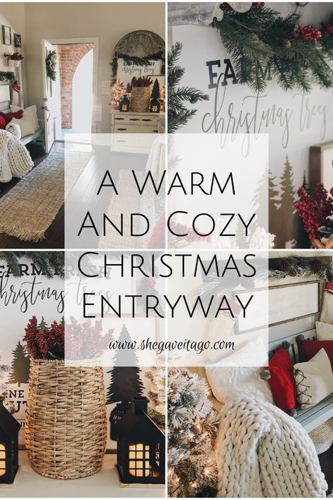 A warm and cozy Christmas entryway with tons of Christmas decorating ideas to inspire you!   #farmhousestyle #Christmas #decor #entryway #cozy Christmas Cozy Home Living Room, Christmas Decorating Ideas For The Home Cozy, Foyer Bench Christmas Decor, Den Christmas Decor, Christmas Floor Decorations, Holiday Decor Entryway, Entryway Ideas Farmhouse Style, Homey Christmas Decor Ideas, Christmas Nook Decor