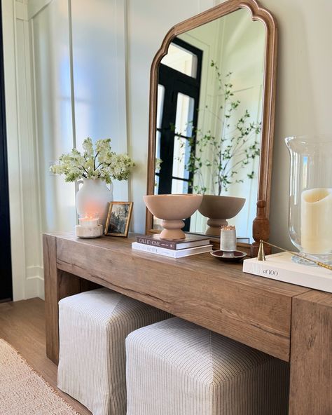 Summer Entryway console Table refresh ✨✨ I cannot believe the price on my entryway console table right now, it’s the lowest I have seen! I told you all I would let you know when the price is right…If you’ve been eyeing this beautiful piece, this could be your moment 👏🏻 Comment SHOP and I’ll send you the links! SAVE and SHARE this styling inspiration and follow @white.at.home for more daily home inspiration 🤍🤍🤍 #entrywaydecor #consoletable #homeswithpurpose #consoletabledecor #neutraldeco... Long Entry Table Decor, Console Table With Lamp, Console Table Under Window, Big Entryway, Table Entryway Decor, Practical Entryway, Entryway Table Styling, White Entryway Table, Table Styling Ideas