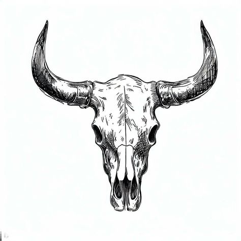 Western Tattoos Stencils, Western Bull Skull Drawing, Skull And Horns Tattoo, Bull Skull Stencil, Buffalo Skull Tattoo Design, Skeleton Gunslinger Tattoo, Bull Skull Tattoo Stencil, Ramskull Tattoo Design, Bison Skull Drawing