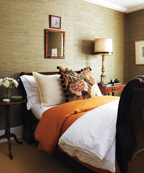 Gorgeous & Decadent: Grasscloth Wallpaper Grasscloth Wallpaper Bedroom, Wallpaper Bedroom Ideas, Bedroom Orange, Grasscloth Wallpaper, Wallpaper Bedroom, Beautiful Bedrooms, Home Fashion, Guest Bedroom, Bedroom Inspirations