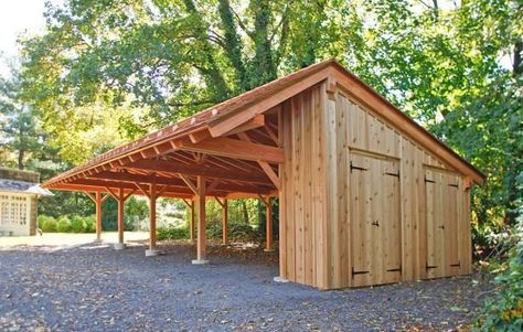 Mid Atlantic TimberFrames carport and potting shed. For more, contact Jack@LogHomesByJack.com at 800 767-4916 Garden Shed With Pergola, Shed With Pergola, Timber Frame Carport, Industrial Tables, Shed House, Carport Sheds, Bank Barn, Carport Plans, Carport Garage