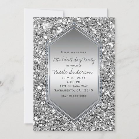 Silver Glitter Glam Chic Birthday Party Any Event Invitation Diamond Theme Party, 60th Birthday Party Decorations, Chic Birthday Party, Bling Party, Silver Invitation, Diamond Party, Chic Birthday, Halloween Birthday Invitations, 21st Birthday Invitations