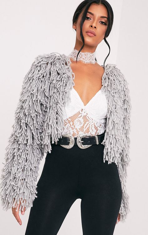 Shainina Grey Shaggy Knit Cropped Cardigan Shaggy Sweater, Fringe Coats, Classy Winter Outfits, Fringe Cardigan, Crochet Coat, Crochet Jacket, Halloween Fashion, Knit Crop, Cropped Cardigan