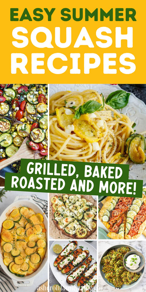 Collage of summer squash recipes with yellow squash and zucchini. Yellow Zucchini Recipes Healthy, Zucchini Summer Squash Recipes, Recipes With Zucchini And Squash, Yellow Squash And Zucchini Recipes, Soup Recipes Pasta, Yellow Zucchini Recipes, Squash And Zucchini Recipes, Fritters Zucchini, Vegetable Rice Recipe