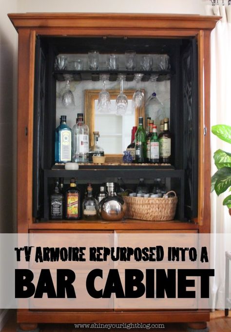 I am really going to start getting a reputation after this post. I have waxed on about built in beverage centers, setting up a bar in your bay windows, and even went so far as turn an innocent baby changing table into a bar cart.  Now I’ve taken our TV armoire and made it into a...Read More » Repurpose Built In Tv Cabinet, Liquor Cabinet Armoir, Tv Cabinet Turned Into Bar, Entertainment Center To Bar, Armoire Into Bar, Entertainment Center Bar, Armoire Repurpose, Armoire Diy, Armoire Bar