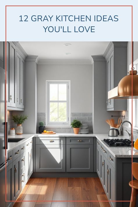 Looking to transform your culinary space? Check out these 12 inspiring gray kitchen ideas! Discover how different shades of gray can create a chic, modern kitchen vibe. From light gray cabinets paired with warm wood accents to dark gray with sleek stainless steel finishes, there's something for everyone's taste. Find out how to incorporate unique decor options like colorful backsplashes or trendy light fixtures to bring personality to your gray kitchen. Get inspired for your kitchen renovation now! White And Dark Gray Kitchen Cabinets, Flooring With Grey Cabinets, Wall Paint With Grey Cabinets, Gray Cabinets Wood Floor, Kitchen With Light Gray Cabinets, Grey Kitchen Mood Board, Light Gray Kitchen Walls, Gray Kitchen Ideas Color Combos, Grey Kitchen Cabinets White Countertops