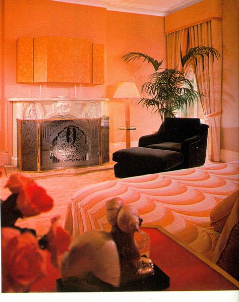 Because, in the immortal words of Jaqueline Suzanne, "Once is Not Enough,"The entire house was done in this exact shade! (Architectural Digest) Peach Bedroom, 1980s Interior, 70s Interior Design, 80s Interior Design, 80s Bedroom, 80s Home, 80s Interior, 80s Decor, 70s Interior