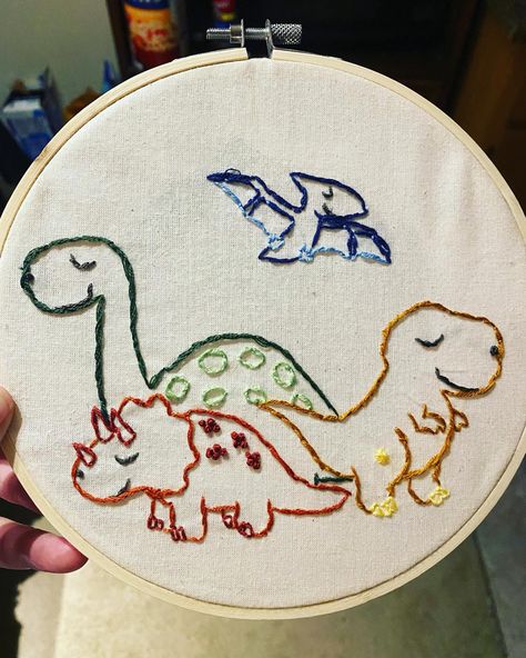 Dinosaur Hand Embroidery, Dinosaur Embroidery Design, Triceratops Embroidery, Dinosaur Embroidery Pattern, Embroidered Sweatshirt Diy, Dino Embroidery, Dinosaur Embroidery, Funny Cross Stitch Patterns, Baby Dinosaur