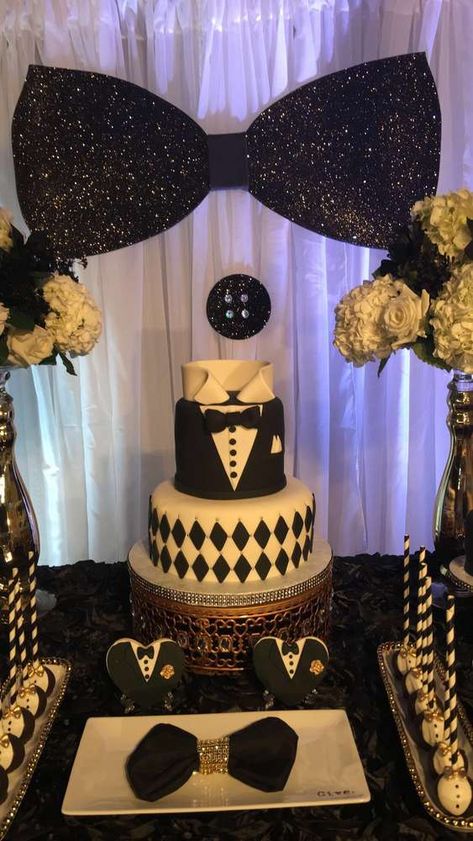 Birthday Party Ideas | Photo 12 of 14 Tuxedo Birthday Party Ideas, Tuxedo Decorations Ideas, 45 Birthday Party Ideas For Men, Men Birthday Party Ideas Decoration, Bow Tie Party, Birthday Men, 50th Birthday Party Decorations, 45th Birthday, Great Gatsby Party