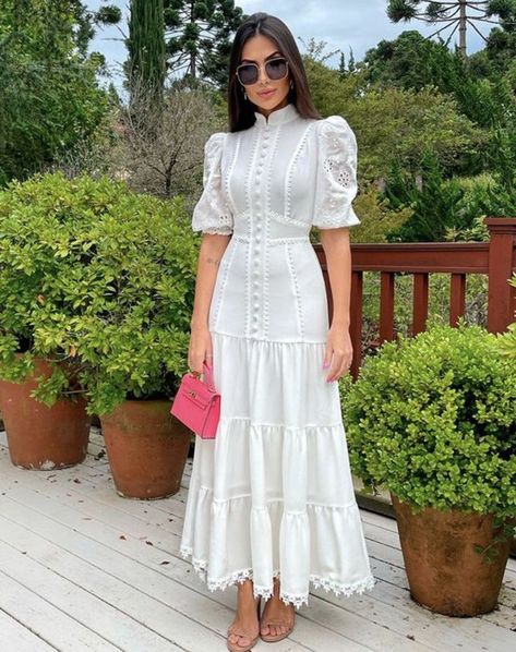 Cute Dresses Hijab, Romantic Modest Outfit, Cold Dress Outfit, Simple Spring Outfits Casual, Modest Dresses Casual Classy, Lace Long Dresses, White Prom, Short Puff Sleeve, Elegant Dresses Classy