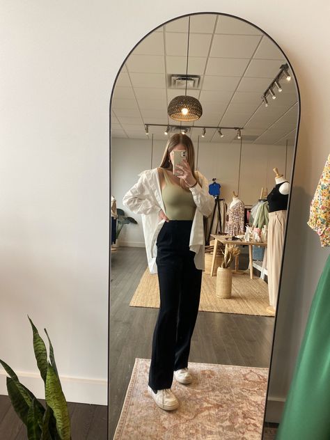 Sage Bodysuit Outfit, Sage Tank Top Outfit, Sage Green Bodysuit Outfit, Wilfred Effortless Pant, Wilfred Effortless Pants Outfit, Aritzia Outfit Inspiration, Sage Green Tank Top Outfit, Black Effortless Pants Outfit, Aritzia Outfit Work