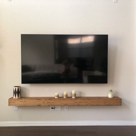 Gracie Oaks Ascension Pine Solid Wood Floating Shelf & Reviews | Wayfair Under Tv Wall Mount Shelf, Wooden Shelf Under Tv, Tv Floating Shelf Decor, Tv Stand Floating Shelves, Tv Over Floating Shelf, Tv With Floating Shelf, Tv On Shelf, Floating Tv Shelf With Sound Bar, Tv Wall Beam