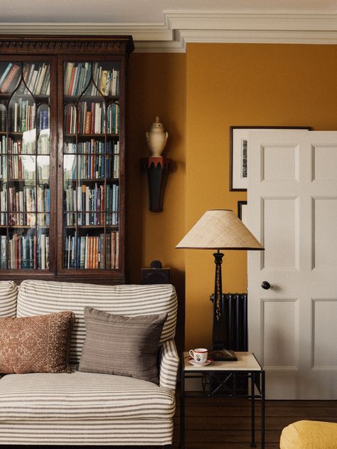 Farrow And Ball Mustard Yellow, Colours That Go With Mustard, Farrow And Ball India Yellow Living Room, Yellow Living Room Aesthetic, Warm Color Living Room Ideas, Mustard Hallway, Mustard Color Living Room Ideas, India Yellow Farrow And Ball, Yellow House Interior