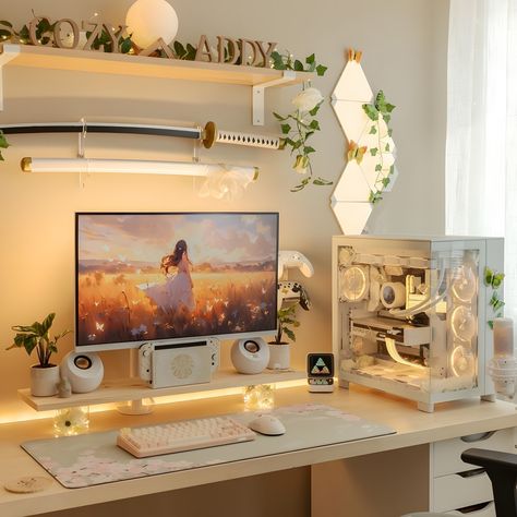 Cozy Desk Setup 🍂 Nothing beats the comfort of a cozy desk setup 🍂✨. Perfect for those focused work sessions. Credit to @cozyaddy for this inspiring setup! #CozyDesk #WorkFromHome #HomeOffice #DeskGoals #Productivity Girly Gaming Setup, Nice Desk, Games Room Inspiration, Ideas Habitaciones, Gaming Desk Setup, Cozy Gaming, Cozy Desk, Gamer Room Decor, Bedroom Setup