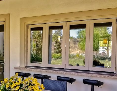 Accordion Bi-Fold Windows and Doors Bi Fold Windows Kitchen, Accordion Windows, Bar Window, Folding Windows, Indoor Outdoor Kitchen, Tiny House Trailer, Trailer Home, Ranch House Plans, Leaded Glass