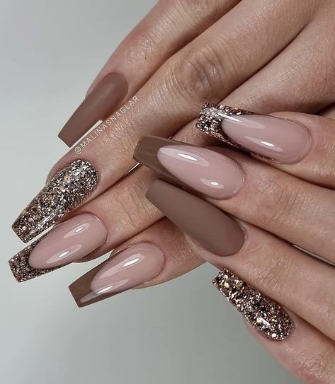 Sophisticated Manicure, Brown Nail Art, Brown Nail, Brown Nails Design, Fall Acrylic Nails, Coffin Shape Nails, Sparkle Nails, Brown Nails, Acrylic Nails Coffin