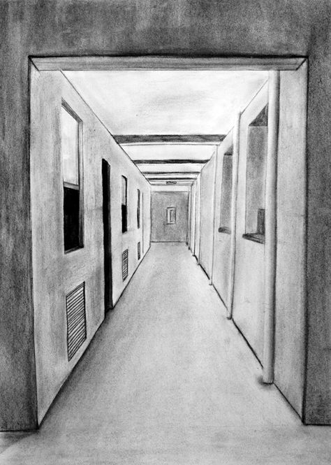 Also when you were very young you drew a scene of a roadway with perfect perspective. 1st Person Point Of View Drawing, Space Perspective Drawing, Illusionary Space, Painting Depth Perspective, One Point Perspective Hallway, Corridor Drawing, One Point Perspective Drawing Road, Vanishing Point Drawing, Hallway Drawing