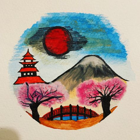 Japan Painting Easy, Kyoto Drawing, Japan Watercolor Painting Easy, Japan Scenery Painting, Cultural Landmarks In Japan Painting, Easy Paintings For Beginners, Japan Kyoto, Art Pencil, Decorative Screens