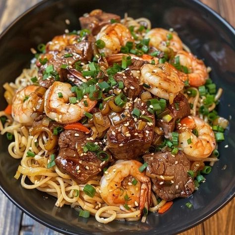 Shrimp & Teriyaki Steak Noodles Steak And Shrimp Noodles, Steak And Shrimp Bowls, Steak And Ramen Noodles, Steak And Shrimp Teriyaki Noodles, Shrimp And Steak Recipes, Black Dinner Ideas, Steak And Shrimp Stir Fry, Steak And Shrimp Pasta, Steak And Shrimp Recipes