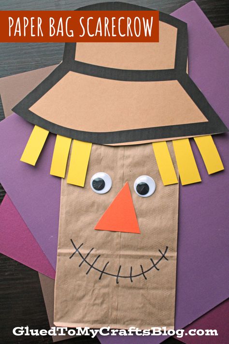 Simple Scarecrow Craft Preschool, Scarecrow Crafts Preschool Art Projects, Paperbag Scarecrow Craft, Brown Paper Bag Scarecrow Craft, Mail Bag Craft Preschool, Scarecrow Prek Craft, Paper Bag Scarecrow Craft Preschool, Fall Paper Bag Puppets, Halloween Brown Paper Bag Crafts