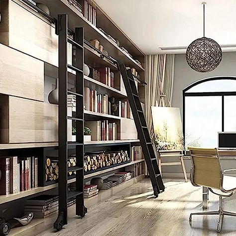 Sliding Ladder Bookshelf, Sliding Ladder, Stair Slide, Rolling Ladder, Bookcase With Glass Doors, Library Ladder, Sliding Tracks, Ladder Bookshelf, Wooden Ladder