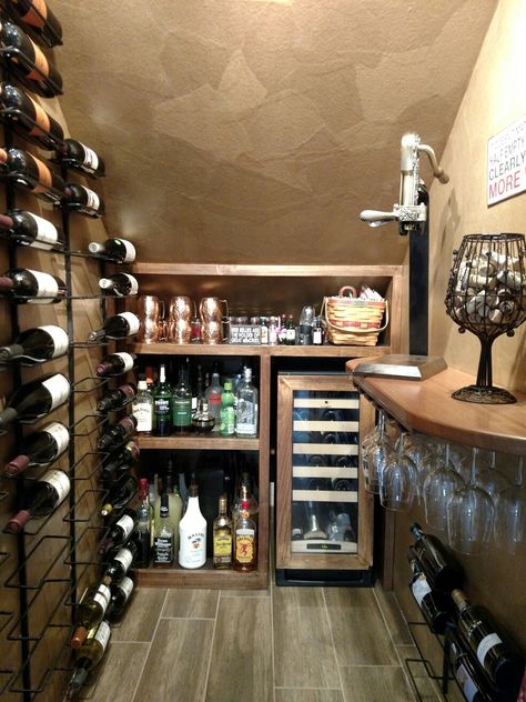 Wine Cellar Basement Small Bar Ideas, Under Stair Cellar, Under Stairs Closet Bar Ideas, Small Wine Cellar Ideas Under Stairs, Small Wine Cellar Under Stairs, Small Wine Cellar Ideas Basements, Wine Cellar Closet Ideas, Diy Wine Room Ideas In House, Wine Cupboard Under Stairs