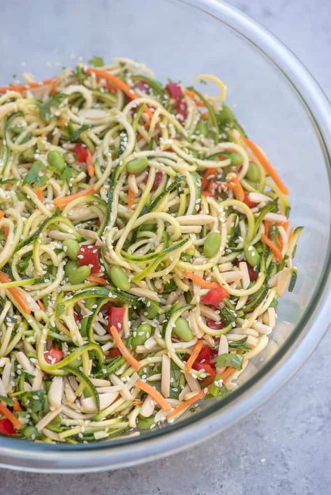 Zoodle Salad Recipes Cold, Zoodle Pasta Salad, Zucchini Noodle Recipes Healthy, Spiral Vegetable Recipes, Zucchini Noodle Salad, Asian Pasta Salads, Zucchini Noodles Salad, Veggie Noodles Recipes, Asian Pasta