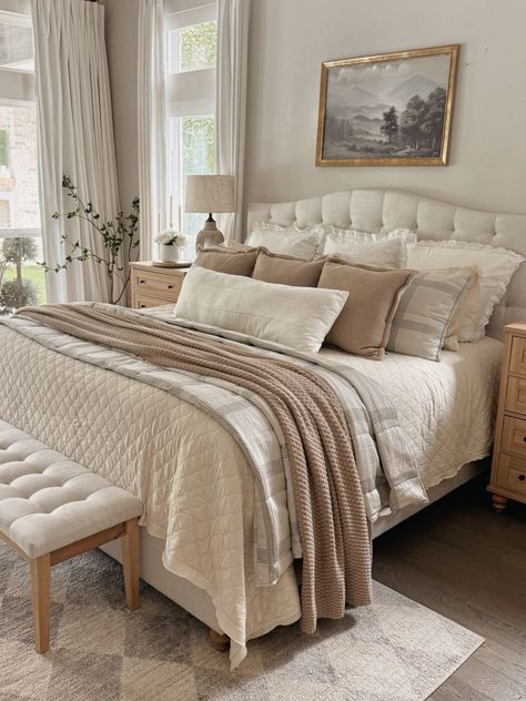 My Texas House 20" x 20" Allie … curated on LTK White Taupe Bedding, Southern Glam Home Decor, My Texas House Bedding, Bedroom Ideas Shabby Chic, Beige Tufted Bedding, Cozy Beige Bedroom, French Bedroom Ideas, Nuetral Boho Bedding, Neutral Browns Farmhouse Bedding