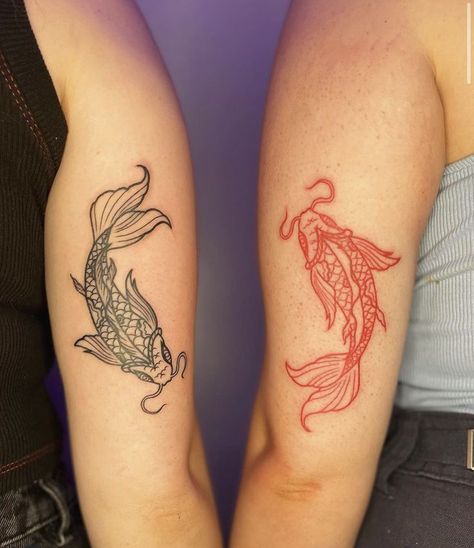 Traditional Black Koi Fish Tattoo, Koi Fish Sister Tattoo, Red And Black Coy Fish Tattoo, Coi Fish Matching Tattoo, Matching Coy Fish Tattoo, Red And Black Koi Fish Tattoo, Koi Fish Tattoo Matching, Koi Fish Matching Tattoo, Koi Fish Tattoo Japanese Style