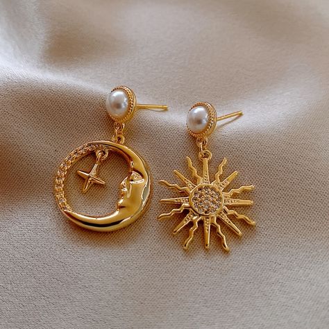 Faster shipping. Better service Sun And Moon Earrings, Pearl Pendant Earrings, Gold Pearl Jewelry, Girl Earrings, Star Earrings Stud, Star Moon, Earrings Women, Moon Earrings, Sun And Moon