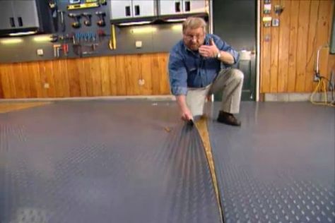 Learn how to install roll-out flooring in a garage or shop; watch a video showing how it easy it is to install roll-out flooring. Shed Floor Covering Ideas, Shed Flooring, Vinyl Garage Flooring, Temporary Flooring, Grey Vinyl Flooring, Log Cabin Floor Plans, Shed Floor, Log Home Floor Plans, Studio Shed