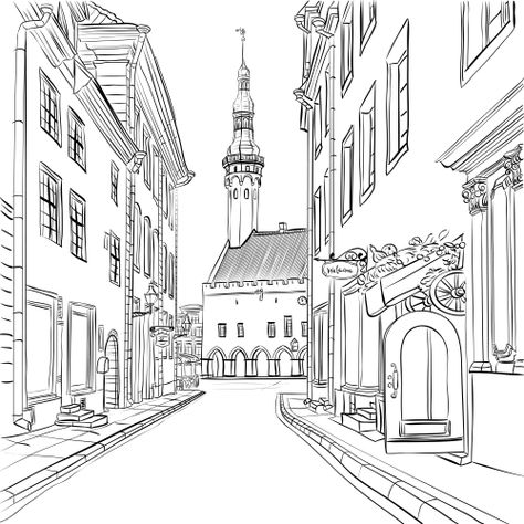 Download this amazing coloring page about Estonia and share these facts with your friends and family! Town Drawing, Cityscape Drawing, Perspective Drawing Architecture, Tallinn Estonia, Perspective Art, Architecture Drawing Art, Perspective Drawing, House Drawing, Tallinn