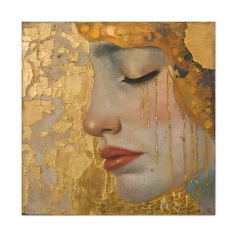 This poignant digital painting masterfully captures the essence of emotion through the portrayal of a woman's face, detailed with mesmerizing gold drips that blend elements of realism and abstract art. The artwork presents a compelling contrast between the lifelike features of the woman and the surreal, flowing gold that seems to melt away from her visage, symbolizing perhaps the fleeting nature of emotions or the dissolution of superficial facades. The woman's expression is introspective and somber, her eyes closed as if in deep contemplation or resignation, which adds depth to the artwork's emotional resonance. The gold drips are not just decorative but are integral to the narrative, suggesting tears or the passage of time, and infusing the piece with a rich, textural quality that enhanc Woman Tears Painting, Judith Painting, Deep Emotional Paintings, Emotional Painting, Therapist Office, Gold Leaf Art, Spa Decor, Art Necklaces, Gold Face