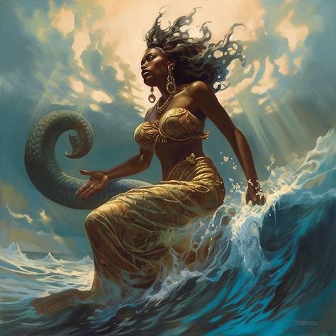 African Folklore Art, African Mythology Art, Mami Wata Tattoo, Mami Wata Art, Mami Wata Aesthetic, Mami Wata Goddesses, Water Spirit Art, Water Goddess Aesthetic, Water Goddess Art