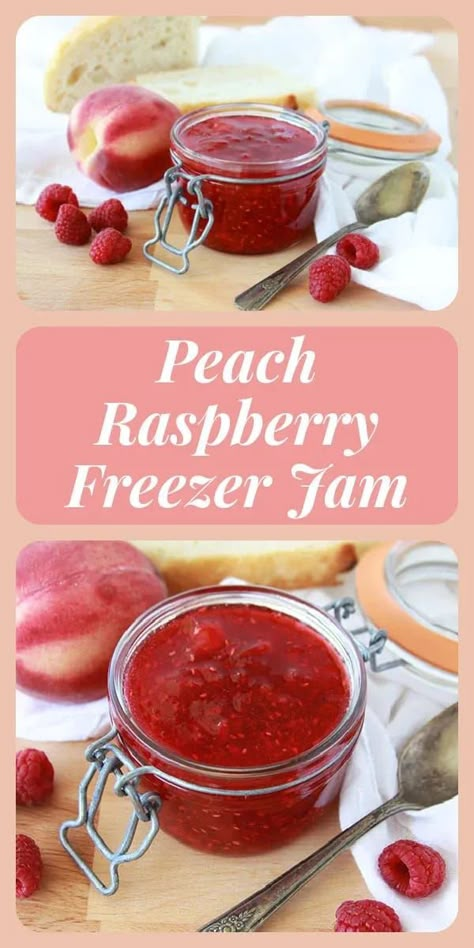 Peach Raspberry Freezer Jam, Peach Raspberry Jam, Peach Freezer Jam Easy, Peach Freezer Jam Recipe, Raspberry Freezer Jam Recipe, Raspberry Peach Jam, Peach Stuff, Freezer Jams, Preserve Fruit