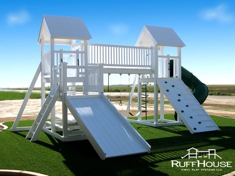 Custom Playsets - Ruffhouse Vinyl Play Systems Backyard Playset, Kids Backyard Playground, Custom Backyard, Backyard Playhouse, Backyard Swings, Playhouse Outdoor, Backyard Renovations, Backyard Playground, Backyard Play