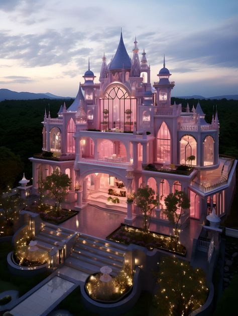 Modern Fairytale House, Castle House Design Exterior, Pink House Outside, Cute Mansion, Pink Mansion, Princess Home, Castle House Design, Modern Castle, Glitter House