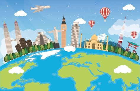 Travel around the world design with eart... | Premium Vector #Freepik #vector #travel #design #world #earth Around The World Illustration, Travel Doodles, World Illustration, Earth Planet, World Icon, Simple Wedding Gowns, World Design, Landscape Illustration, Art Drawings For Kids