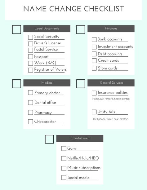 Last Name Change Checklist, Changing Address Checklist, Wedding Name Change, Name Change Checklist, Changing Last Name, Goals 2025, Changing Your Last Name, Legal Name Change, Wedding Checklists