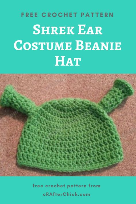 Shrek Ear Costume Beanie Hat Crochet Pattern » cRAfterchick - Free Crochet Patterns and Projects Shrek Beanie, Farquaad Costume, Shrek Hat, Waffle Stitch Beanie, Shrek Ears, Double Crochet Beanie Pattern, Shrek Costumes, Donation Ideas, Beanie Hat Crochet Pattern