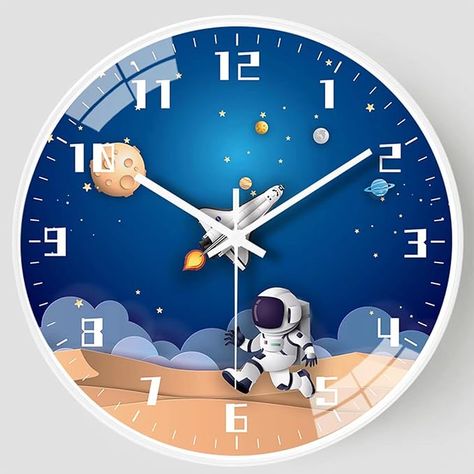 Amazon.com: QINFIEY 12 Inch Silent Movement Kids Wall Clock, Non Ticking Children Round Wall Clock Battery Operated Space Travel Style Decor Children Clock for Home School Boys Bedroom Living Room (White) : Home & Kitchen Chandelier Wall Art, Kids Wall Clock, Tom Et Jerry, Clock Wallpaper, Astronaut Space, Furniture Sofa Set, Wall Art Lighting, Large Numbers, Wall Clock Design