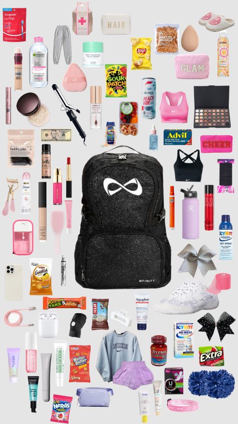 What To Pack In My Cheer Bag, What To Have In Your Cheer Bag, Track Bag Essentials List, Competition Dance Bag Essentials, What’s In My Cheer Bag, Cheer Essentials, Cheer Bag Essentials, Dance Competition Bag, Cheer Jumps