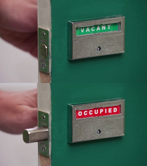 Door Lock with Occupied Sign (from Teachers 2, 18 Toxic Workplace, 2018) Bathroom Occupied Sign, Occupied Sign For Bathroom, Modern Bathroom Door, Occupied Sign, Toxic Workplace, Bathroom Door Sign, Door Handle Design, Office Moving, Cuban Art