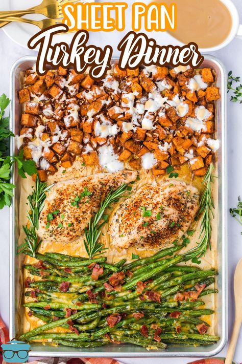 Sheet Pan Turkey Dinner is a whole meal made with seasoned turkey tenderloins, a homemade velvety gravy with a side of candied sweet potatoes, and some cheesy garlic green beans! Perfect for a smaller Thanksgiving or because you are craving those Thanksgiving flavors! Ham Steaks Sheet Pan Dinner, Sheet Pan Thanksgiving Dinner, Sheet Pan Turkey, Dinner Bakes, Turkey Tenderloins, Seasoned Turkey, Turkey Tenderloin Recipes, Holiday Meal Planning, Thanksgiving Meals