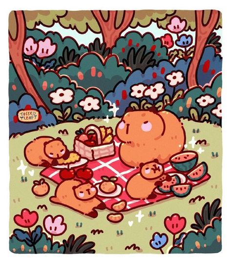 Cute Picnic Illustration, Picnic Art Ideas, Cute Picnic Drawing, Christmas Animal Illustration, Cozy Illustration Art, Christmas Cute Drawing, Cottagecore Doodles, Cozy Posters, Picnic Cartoon